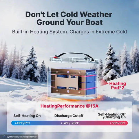Heavy Duty 12V Lithium Battery 165Ah Deep Cycle Packs 1200 CCA with heating system, shown in cold outdoor setting.