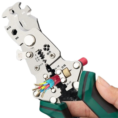 Sweet Heavy Duty Portable Folding Wire Stripper For Contractors And Diy Crews Featuring Rugged Go Anywhere Build with multi-color wires being stripped.