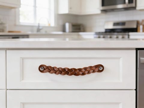 Braided Leather Drawer Pulls in Cognac Finish, 2 Pack, Measures 7-7/8 inches long by 1 inch wide, installed on kitchen drawer.