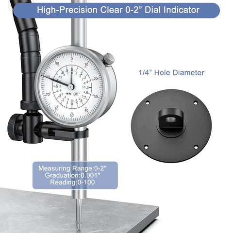 2 Inch Dial Indicator With 0.001 Inch Graduation, Ultra Precise Machining Gauge For Lathe Use displayed on stand