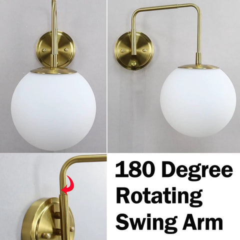 Gold Plug In Wall Sconce With Milk Glass Shade Globe Lighting Brass Swing Arm Wall Light Fixture For Hallway Bathroom Bedroom One Light On Off Switch ETL Listed Modern Minimalist Home Decor showing 180-degree rotating swing arm.