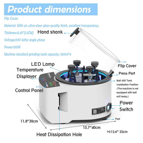 Beefy Four Jar Desktop Ball Mill Grinder For Lab Use 110V 150W High Speed Silent Pulverizer dimensions and features labeled