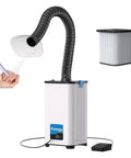 Nail Salon Fume Extractor With 130W Motor 260m3/h Air Flow Pedal Switch 3 In 1 HEPA Filter shown with flexible hose and filter detail.