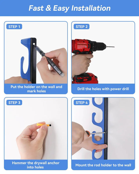 Installation steps for Five Rod Holder Wall And Ceiling Rack For Garage Storage Fits Spinning Casting Surf And Fly Rods With 1.34 Inch Slots