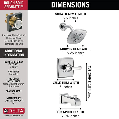 Dimensions of Ashlyn 14 Series Single Handle Tub and Shower Trim Kit in Chrome with Shower Head, Valve Trim, and Tub Spout Sizes
