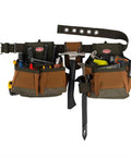 Two Bag Brown Tool Belt with Reinforced Pouch Bottoms, Barrel-Style Pouches, Infinity Belt fits up to 52 inch waist, dual hammer loops