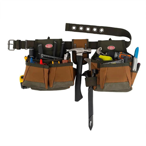 Two Bag Brown Tool Belt with Reinforced Pouch Bottoms, Barrel-Style Pouches, Infinity Belt fits up to 52 inch waist, dual hammer loops