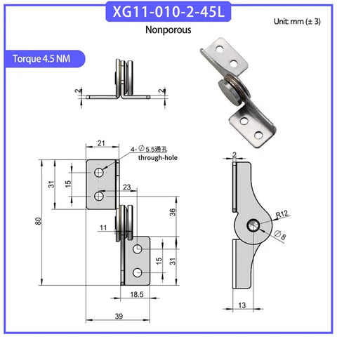 Through-hole damping torque hinge, front/side views, Amazon, 304 stainless steel, free-stop damper, 1 pc, XG11-010-2-45L