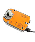 Heavy Duty 24 Volt Rotary Actuator Featuring A Fail Safe Shut Off For Hvac Ventilation Drives With 4 Nm Torque, showing top view with orange casing.