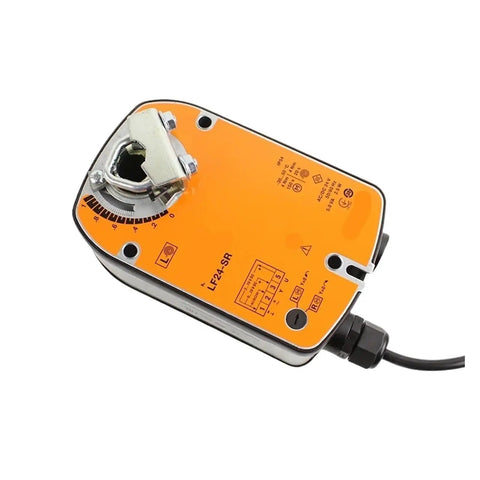 Heavy Duty 24 Volt Rotary Actuator Featuring A Fail Safe Shut Off For Hvac Ventilation Drives With 4 Nm Torque, showing top view with orange casing.