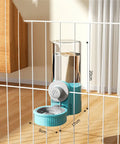 Cage Hanging Pet Bowl Gravity Water Dispenser For Dogs Cats Rabbits Kick Resistant Double Feeder Crate Kennel Blue in use with measurements.