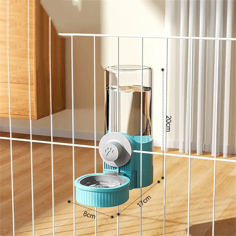 Cage Hanging Pet Bowl Gravity Water Dispenser For Dogs Cats Rabbits Kick Resistant Double Feeder Crate Kennel Blue in use with measurements.