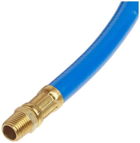 Close-up of brass fitting on PVC Air Compressor Hose 3/8 Inch By 25 Feet With Non Marring Abrasion Resistant Cover, 300 PSI Working Pressure