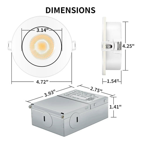 4-Pack 4-Inch Gimbal Recessed Lights With Junction Box, Adjustable Eyeball Ceiling Fixture, dimensions and junction box view