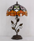 Orange Flower Tiffany Style Stained Glass Table Lamp With Bronze Metal Leaf Base 12 Inch Lampshade 19 Inch Overall