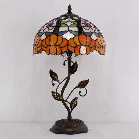 Orange Flower Tiffany Style Stained Glass Table Lamp With Bronze Metal Leaf Base 12 Inch Lampshade 19 Inch Overall