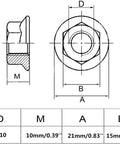 Diagram of 8 Pack Slick M10 X 1.25mm Fine Metric Hex Flange Nuts with dimensions for design specification in 304 stainless steel.
