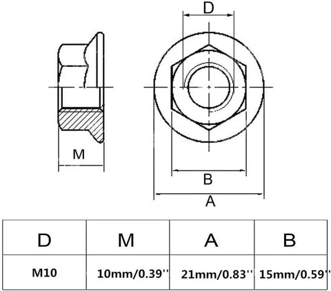 Diagram of 8 Pack Slick M10 X 1.25mm Fine Metric Hex Flange Nuts with dimensions for design specification in 304 stainless steel.