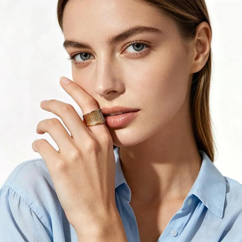 Fresh Vintage Wide Cuff Open Ring For Women Featuring A Bold Hollow Geometric Grid And Striped Texture worn on finger for stylish look.