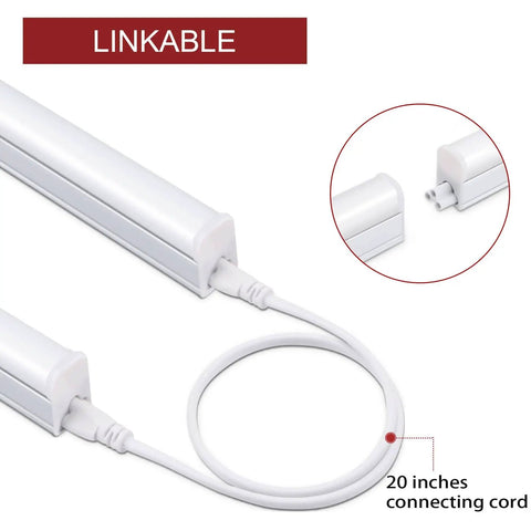 Close-up of linkable Eight Pack Two Foot LED Shop Lights 6500K 10W 1100LM with connecting cord and frosted cover.