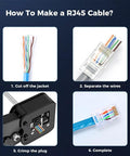 100 Pack RJ45 Cat6 Pass Through Connectors For Solid Or Stranded UTP Cable, Modular Plugs, Easy Crimp Termination, Supports 24 To 26 AWG And Up To 6.1mm OD, Pro Grade For Home Office Networking And DIY Cabling; RJ45 crimping steps