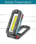 1000 Lumens Rechargeable LED Work Light with magnetic base, USB-C port, and switch button, shown swiveling on tripod hole base.