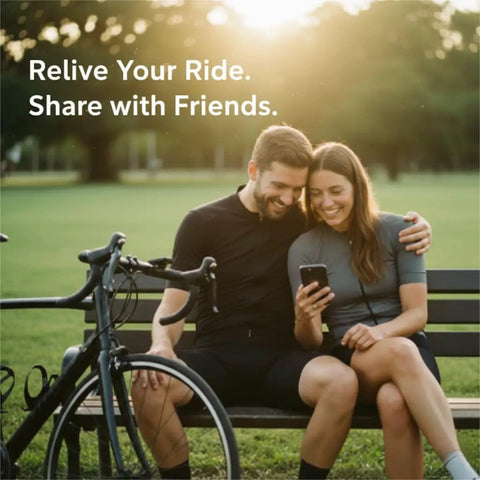 Couple sitting on a bench reviewing data on phone after using 4K Bike Camera With GPS Tracking And Integrated Cycling Computer Headlight