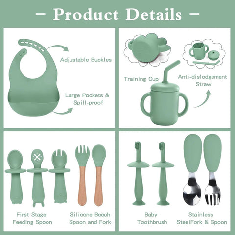 Product details of Ultra Safe Silicone Baby Feeding Set 13 Piece With Suction Bowl And Plate Spoons And Forks Bib And Cup Baby Toothbrush And Weaning Kit For 6 Months Plus Mess Free Meals Mom Approved