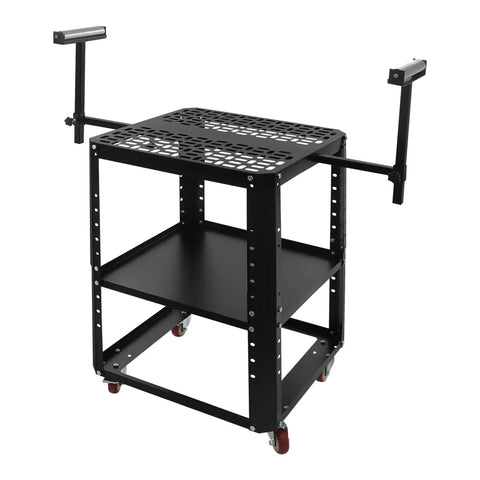 Built Tough Rolling Planer Stand With Height Adjustable Work Table And Double Storage Shelves Makes A Killer Woodworking Workstation That Holds Five Hundred Pounds Like A Boss Smooth Lockable Casters Bring Serious Shop Swagger with dual shelves and sturdy black carbon steel frame.