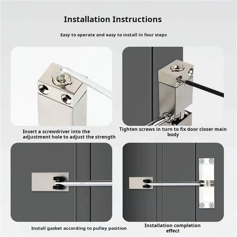 Automatic Door Closer For 20-40 Kg Doors, Adjustable Spring Closing Device installation with screws and gasket on a door