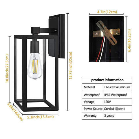 Dimensions and specs of Rugged Matte Black Outdoor Wall Lantern Sconce With Clear Glass Shade, IP65 Waterproof And Anti Rust Aluminum Fixture.
