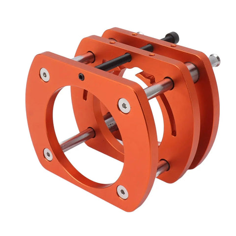 Heavy Duty Pro Grade Router Lift Base Aluminum Alloy Kit With Four Jaw Clamping Router Table Insert Plate Lifting System For Woodworking Engraving And DIY Projects On Small Trimming Machines orange aluminum lift base front view