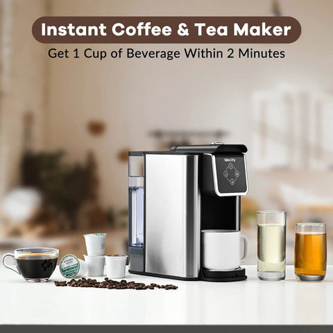 3 In 1 Single Serve Coffee And Tea Maker K Cup Compatible Fast One Touch Brew For 6, 8, Or 10 Oz Cups, shown with beverages
