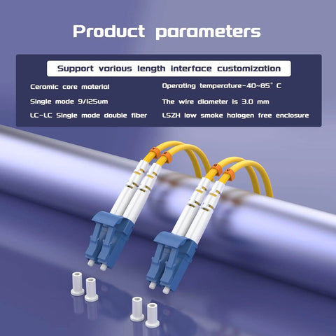 Yellow LC To LC OS2 Duplex Fiber Patch Cord, Single-Mode 9 By 125um, 6 Meters Long, shown with ceramic core material specs