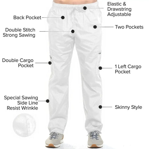 Unisex Medical Scrub Set Featuring V-Neck Top And Straight Leg Pants In Fresh White, Cotton Polyester Blend For Sweet All Day Comfort And Tight Stitching Designed For Nurses Wanting A Sharp Go To Hospital Fit, showcasing white straight leg pants with pockets.