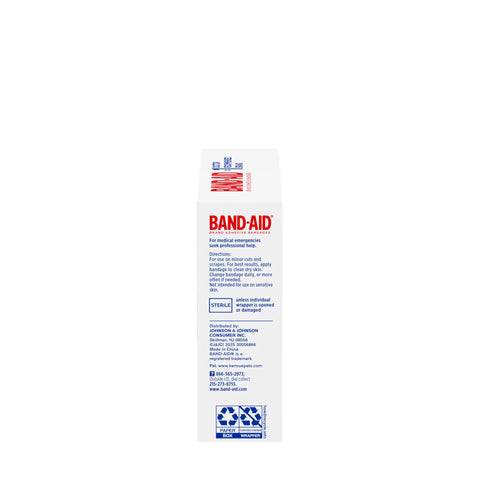 Band-Aid Brand Clear Waterproof Adhesive Bandages box, side view, white with red logo and blue text