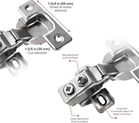 Close-up view of 4 Pack One Half Inch Overlay Concealed Cabinet Hinges with Soft Close and 105 Degree Open for Face Frame and Frameless Doors, Satin Nickel Finish, 45mm Stainless Steel, Six Way Adjustable Self Closing with adjustment details visible.