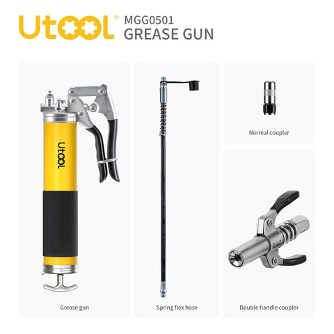 Heavy Duty 8000 PSI Pistol Grip Grease Gun Kit with 14 oz capacity and 18 inch resin flex hose, components displayed