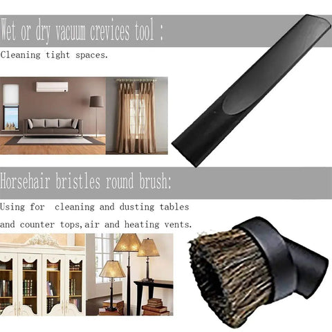 Must Have Versatile Vacuum Attachments Kit For 32mm And 35mm Vacuums With One Quarter Inch And One And Three Eighths Inch Fittings Includes Brushes, Crevice Tools, And Nozzles For Home, Car, And Shop Cleanup featuring black crevice tool and round horsehair brush