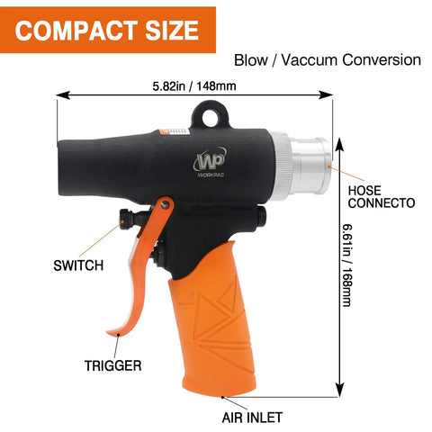 Compact design of Dual Function Air Vacuum And Blow Gun For Dust Cleanup with dimensions and nozzle details