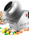 Commercial Sugar Coater Machine Electric Candy Polisher With Multiple Speed Knobs And Built In Dryer Box For Smooth Batch Runs And Zero Sweat Production, 8 Liter drum with shiny stainless steel finish and colorful candy.