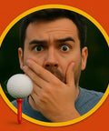 Person reacting in shock with Bold Bang Golf Tees Sneaky Prank That Sparks Hilarious Reactions On The Green While Looking Like A Real Tee Safe Easy To Use And No Setup Required On The Course For Big Reactions in foreground