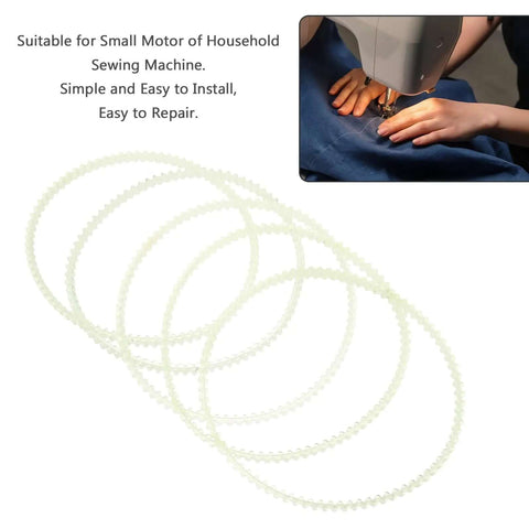 Beef Up Your Sewing Setup With This 20 Pack Rubber Drive Belts For Sewing Machine Motors Replacement Parts For Household And Industrial Sewing Machines Pedal And Treadle Use Precise Fit Stable Transmission Quiet Operation, showing rubber drive belts and sewing machine in use.