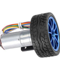 DC 6V Encoder Gear Motor Kit With Mounting Bracket And 65mm Wheel Kit, metal motor with wires and black rubber tire.