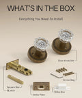 Six Pack Privacy Antique Brass Crystal Door Knobs With Lock, contents include knobs, latch, screws, and strike plate.