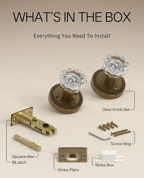 Six Pack Privacy Antique Brass Crystal Door Knobs With Lock, contents include knobs, latch, screws, and strike plate.