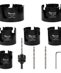 Heavy Duty Pro Grade Carbide Piercing Hole Saw Kit All In One 10 Piece Set showing six saws, two pilot bits, arbor, and wrench.