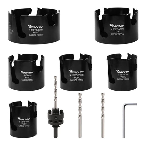 Heavy Duty Pro Grade Carbide Piercing Hole Saw Kit All In One 10 Piece Set showing six saws, two pilot bits, arbor, and wrench.