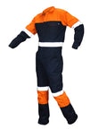 High Visibility Heavy Duty Coverall Tough As Nails Workwear With Reflective Trim features orange and navy fabric with zipper front.