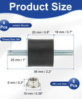 M6 Rubber Isolator Mounts 25x20mm 56mm Tall With Lock Nuts, 4 Pack Anti Vibration Dampers For Motors, Air Compressors And Engines, Quiet, Smooth Operation. Product size diagram showing rubber isolator mount and M6 lock nut